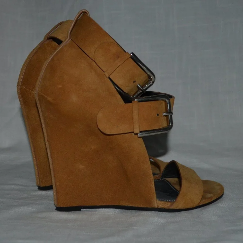 Sz 38 7.5 Premiata Brown Suede Ankle Strap Wedges 4.5